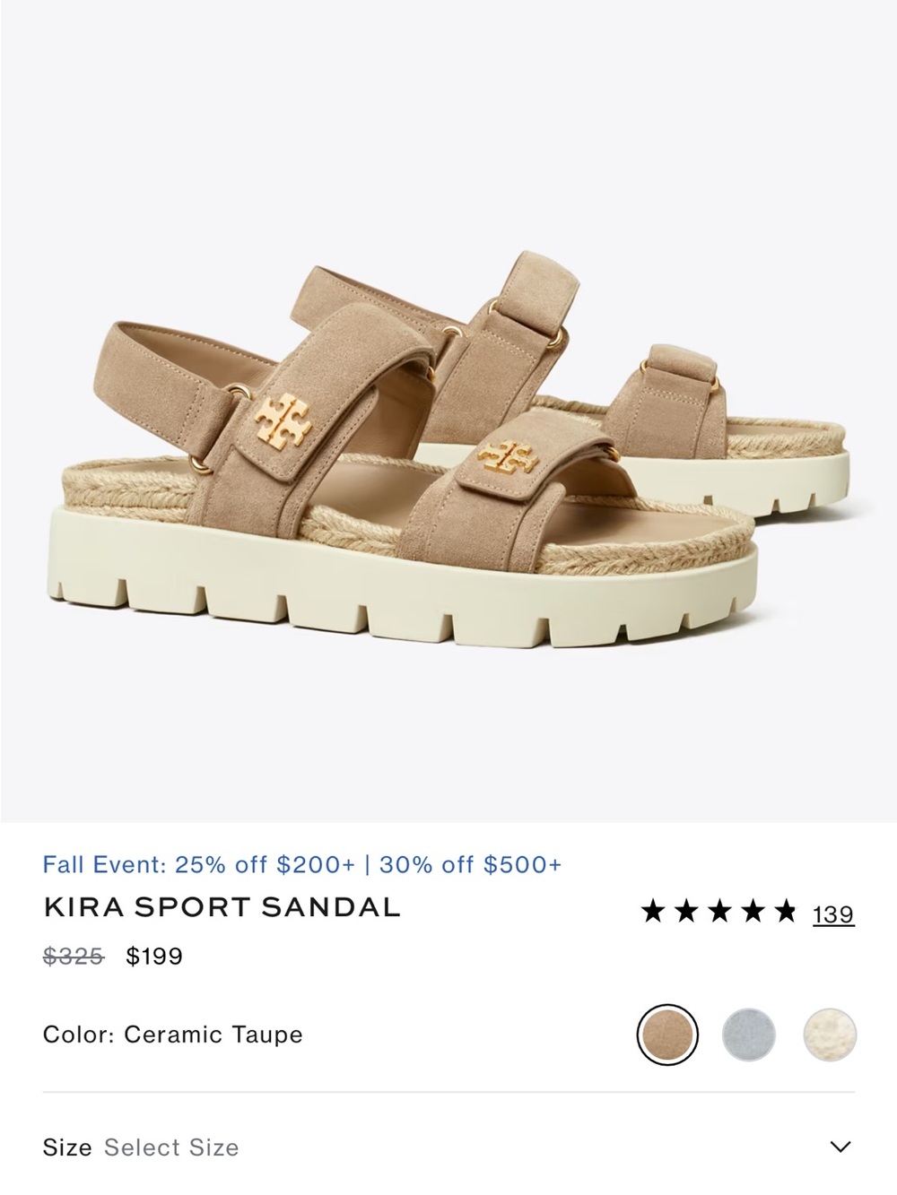 Tory Burch Ceramic Taupe Suede Sport Sandal with Gold Logo